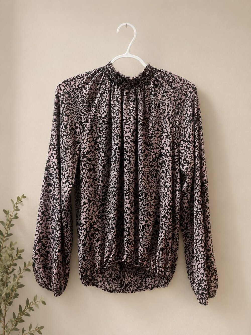 Allison Joy Pink and Black Smocked Neck Printed Blouse